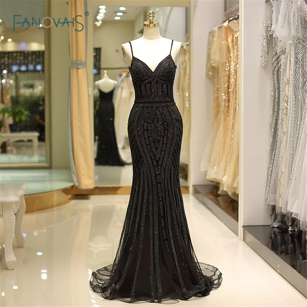 2019 Mermaid Evening Dresses Long Sweetheart Spaghetti Straps Rhinestone Beaded Black Prom Dress 2018 Robe de Soiree SQ15