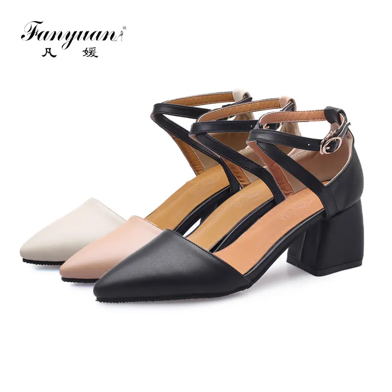 Fanyuan new arrive spring summer shoes with buckle pointed toe high heels square heel solid elegant pumps women heels shoes