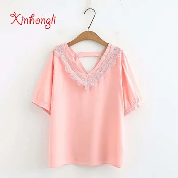

Plus size cotton lace women summer t shirt 2019 ladies short sleeve V-Neck tee shirts femme solid white & blue & pink t-shirt