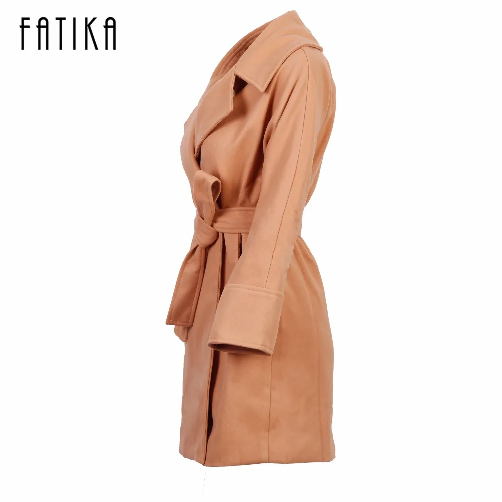 FATIKA Winter Coat Women Wide Lapel Belt Pocket Wool Blend Coat Oversize Long Red Trench Coat Outwear Woolen Coat Women