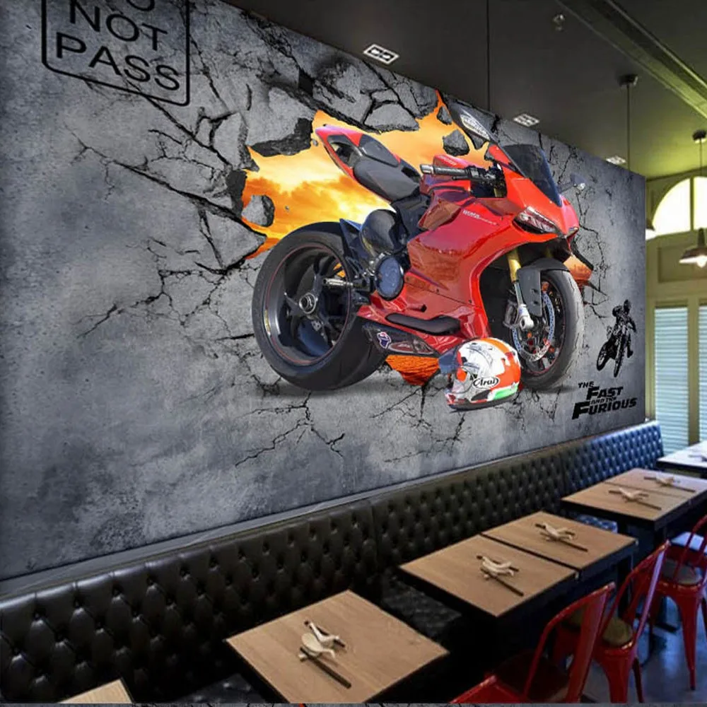 

Free Shipping Custom Wallpaper American Industrial Wind Motorcycle Broken Wall Decoration Bar Coffee Shop Wall Mural Painting