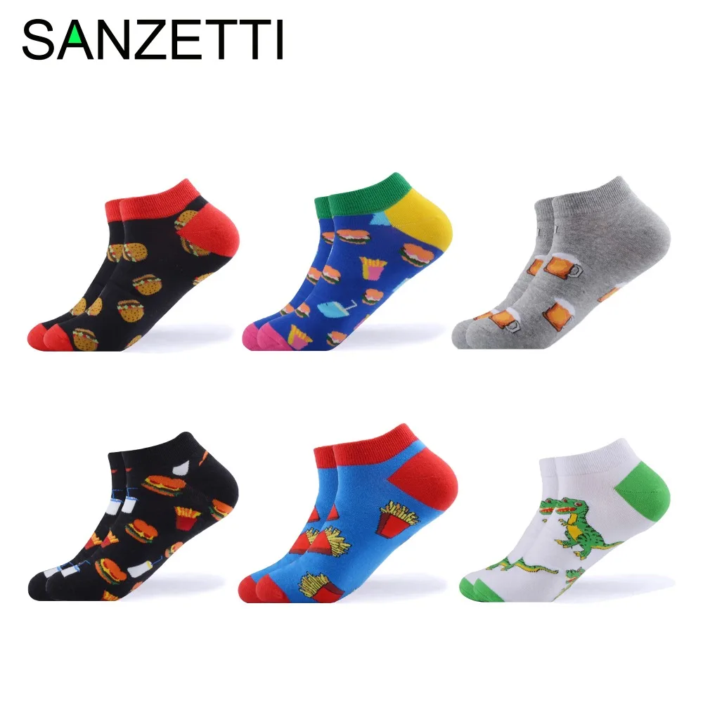 

SANZETTI 6 pairs/lot men's colorful ankle socks combed cotton casual socks beer burger fries cola dinosaur pattern gift socks