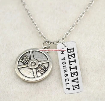 

Fitness Weightlifting jewelry 30pcs Vintage Circle 25LBS 11.3KG Weight Plate and Believe In Yourself sport necklace