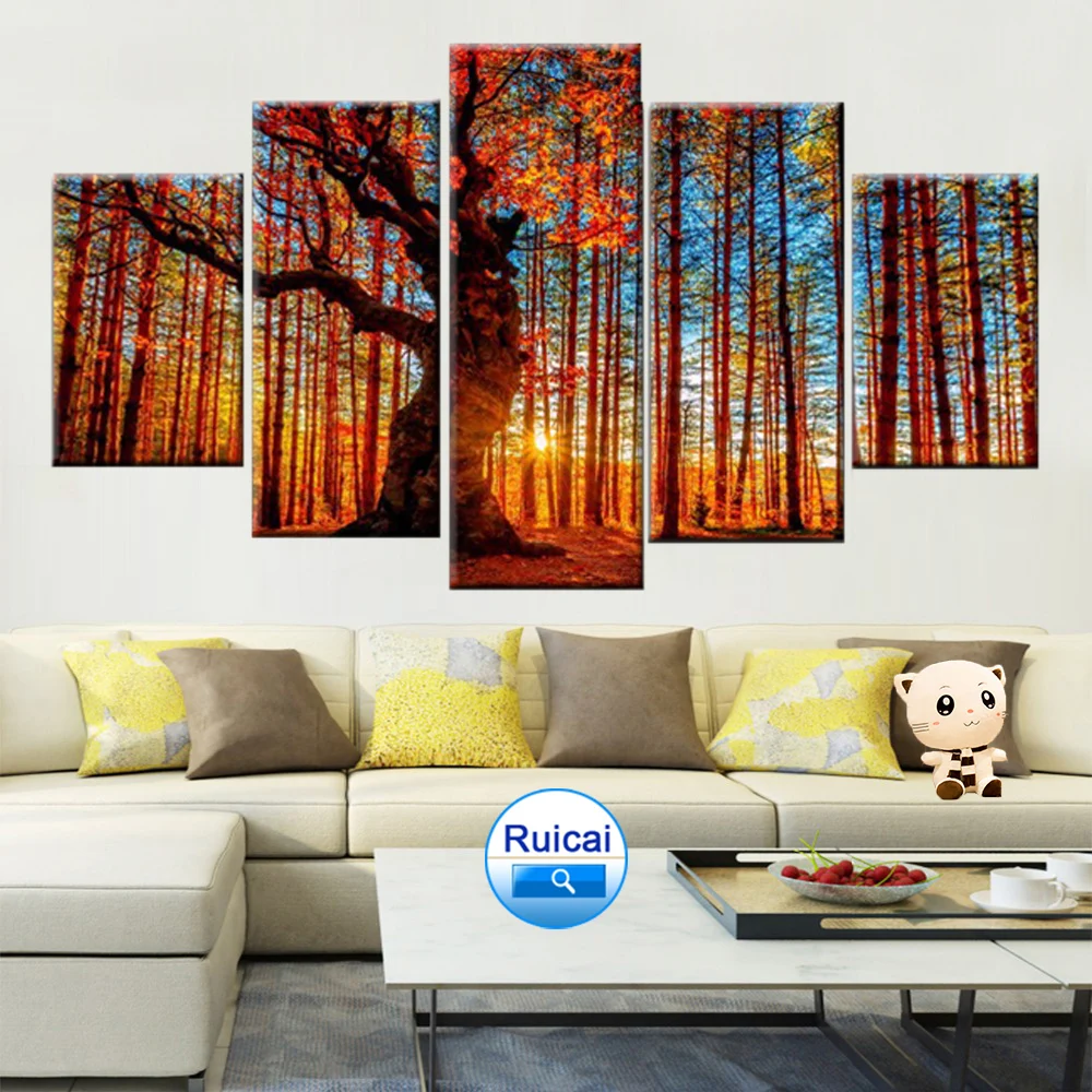 

HD print canvas 5 pieces forest sky tree autumn leaves landscape painting poster home decoration room picture wall art frame