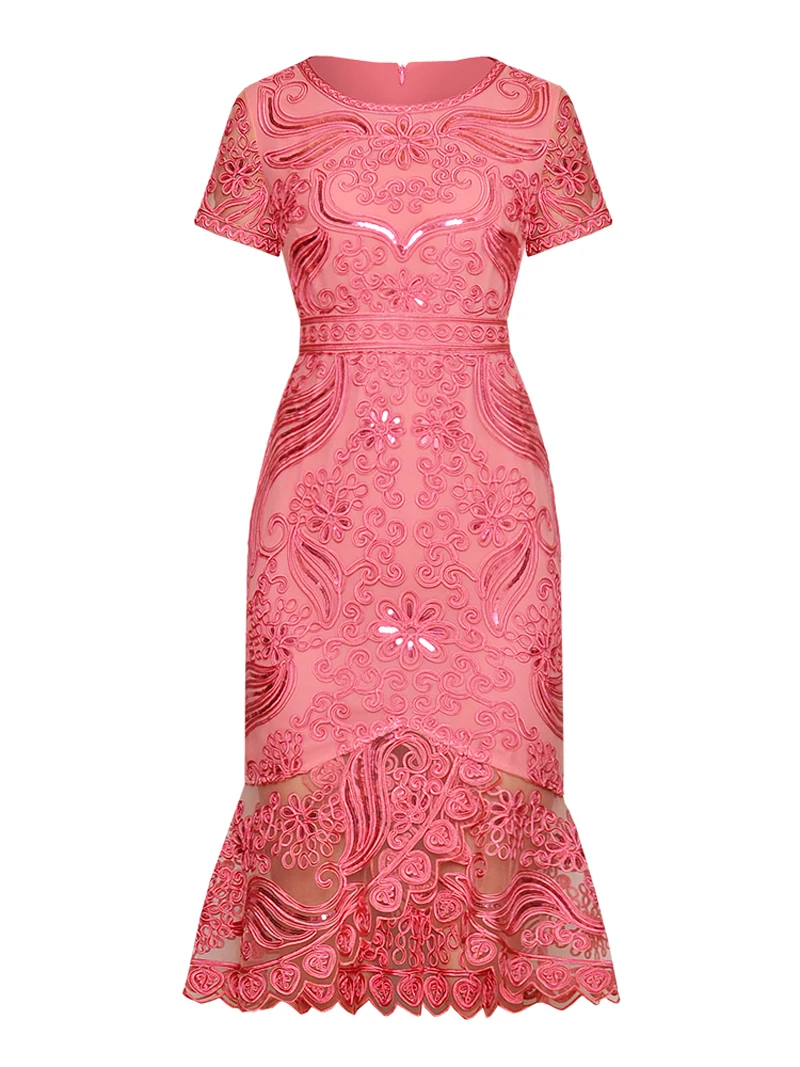 Sexy Fashion Women Dresses Embroidery Short Sleeve Hollow Out Fishtail Sequined Dresses Party Night Club Gauze Dresses Z2203