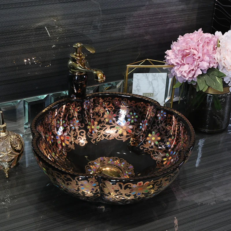 

Flower Shape Europe style chinese wash basin Jingdezhen Art Counter Top ceramic basin sink decoration bathroom sinks