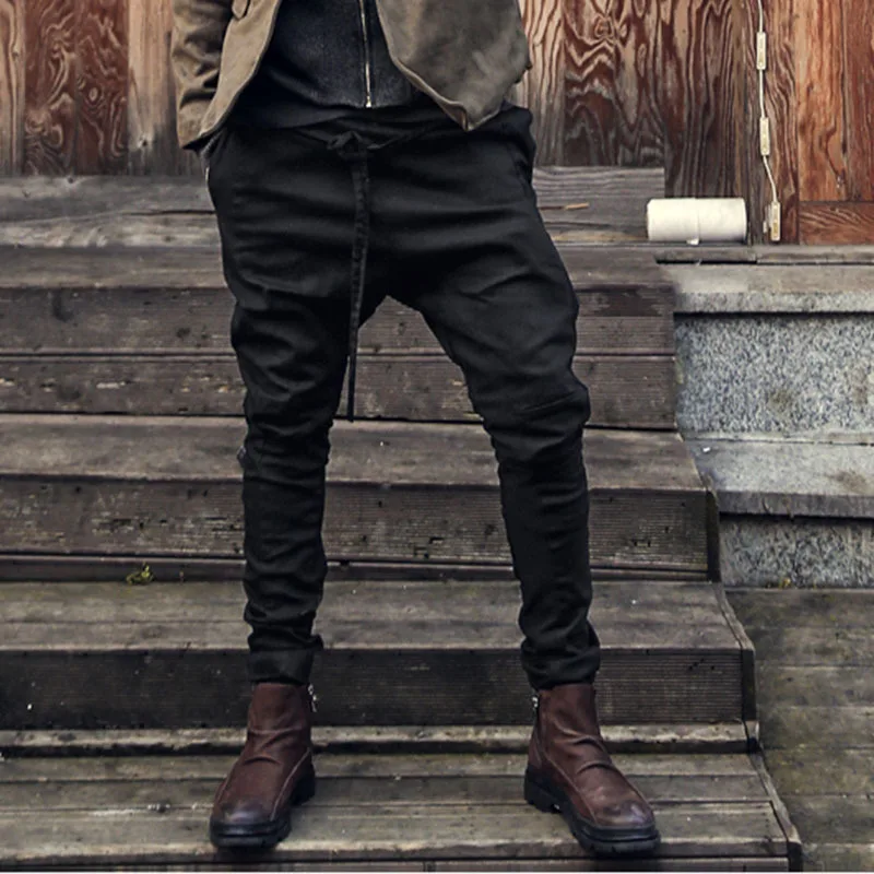 

Fashion Autumn Hiphop Harem Pants Men Slim Fit Cross-Pants Drop Crotch Elastic Waist Slack Trousers Joggers Sweatpants Black