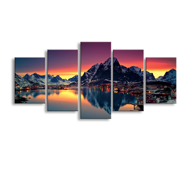 

5 pieces high-definition print Beautiful snow-capped mountain canvas oil painting poster and wall art living room pictur PL5-203