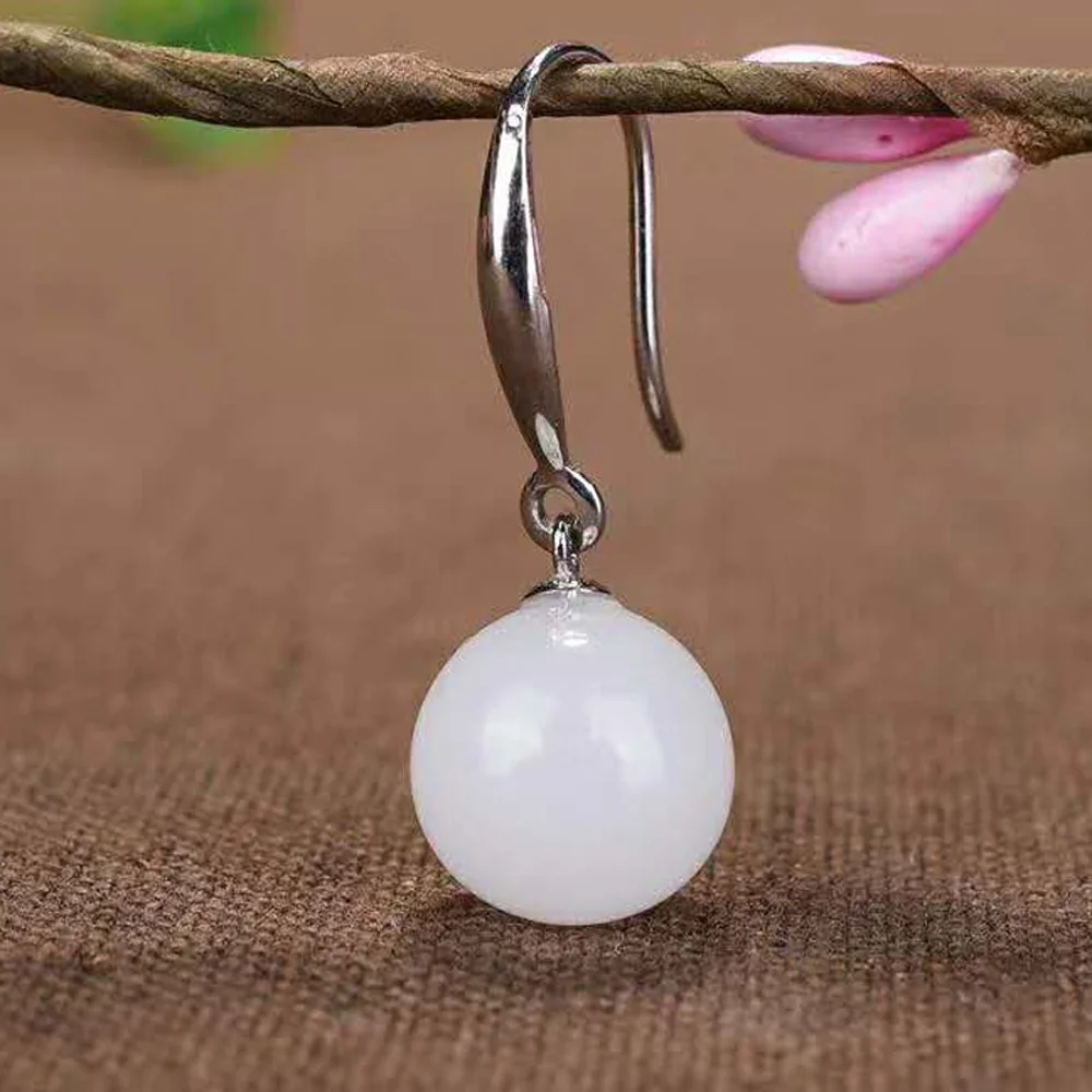 Drop Shipping Real 925 Sterling Silver Drop Earrings Ear Pin Natural Round Jade Handmade Fine Jewelry For Women Wedding Earrings