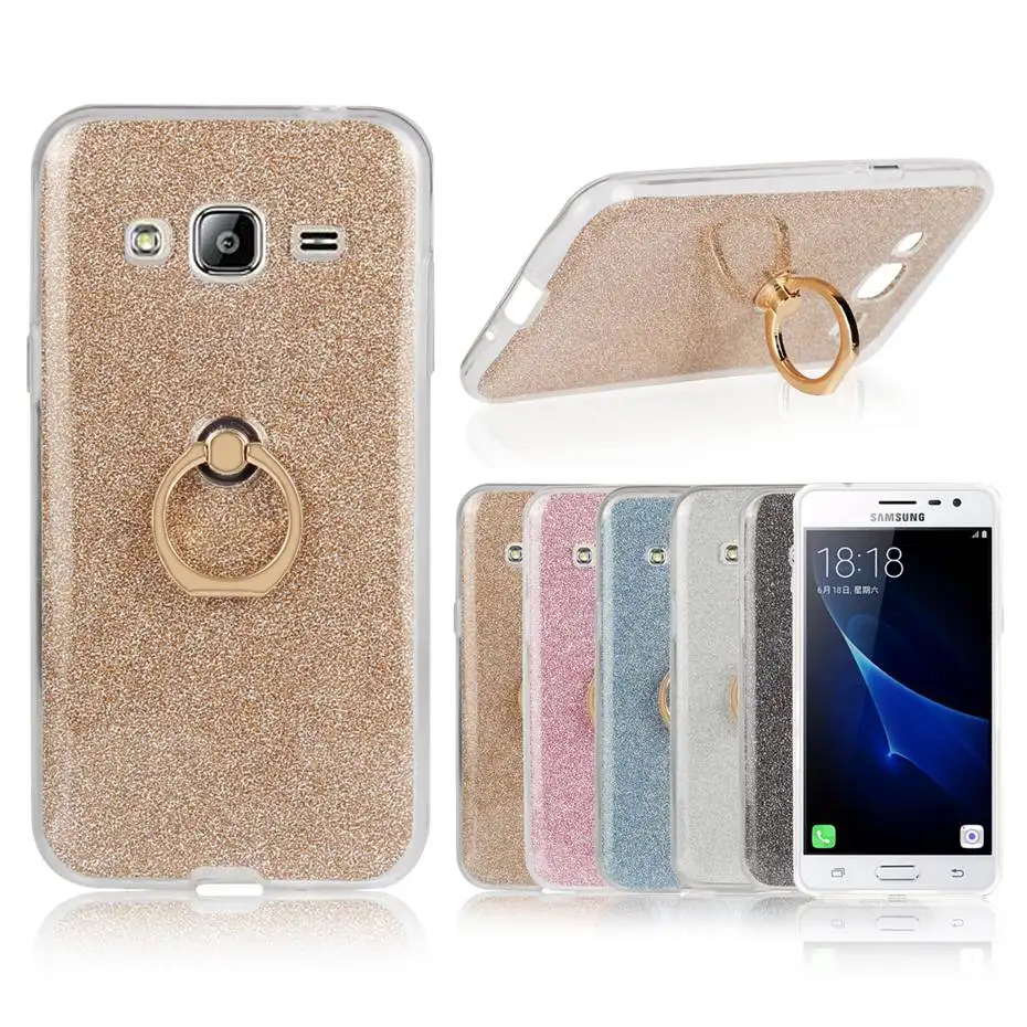 For Samsung Galaxy J3 (2016) Soft TPU with Finger Ring Stand Glitter cover sequins shell Back Cover Coque | Мобильные телефоны и