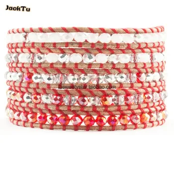 

summer red white mixed crystal beige leather wrap bracelet