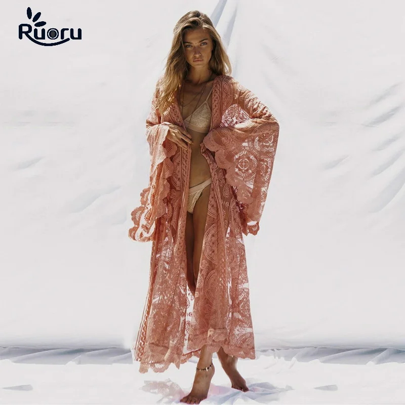 

Ruoru Tunics Women Big Size Sexy See Through Blouses Shirt Floor Length Hollow Out Lace Crochet Pink Maxi Kimono Cardigan Beach