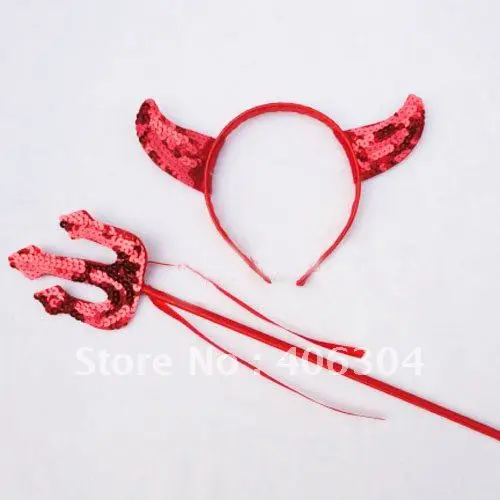 Free shipping,COSPLAY,Sequin ,Red devil horn headband and fork wand