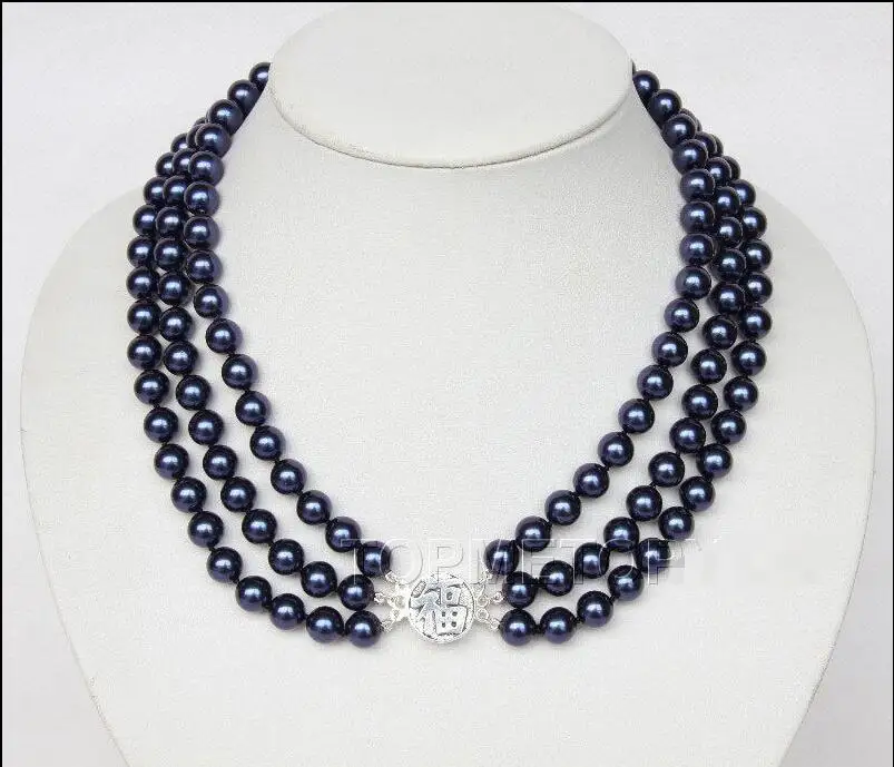 

FREE SHIPPING HOT sell new Style >>>>Amazing! 3rows round 8mm navy blue sea shell pearls necklace 925ss E2269