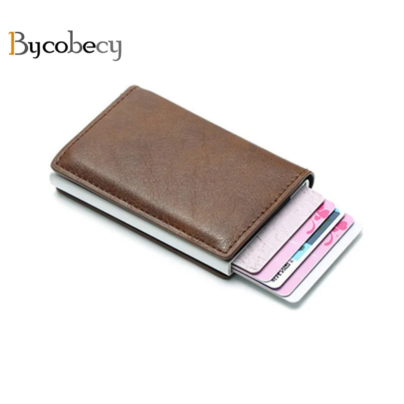 BYCOBECY صغيرة محفظة لبطاقات الائتمان RFID البسيطة محفظة للجنسين المعادن حامل بطاقة ضئيلة مجنون الحصان بو الجلود بطاقة المحفظة المعادن