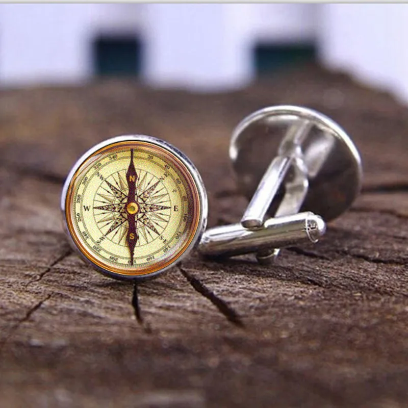 

Vintage Compass Cufflinks for Mens Jewelry Accessories Handmade DIY Photo Crystal Glass Dome Shirt Cuff Links