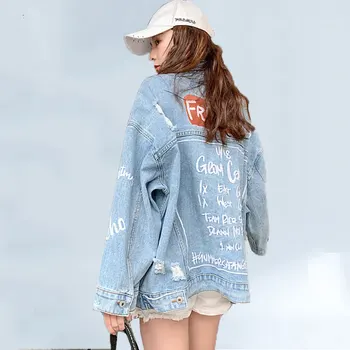 

Plus Size 5XL New Autumn Casual Denim Jacket Women Long Sleeve Boyfriend Fashion Hole Letters Printing Loose Jean Jackets Female