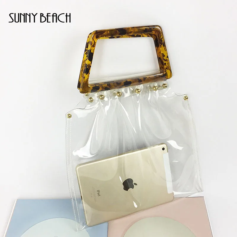 

SUNNY BEACH Acrylic HandleTote Clear Bags Rivet Bag Transparent Handbags Women Bag Squared Handle