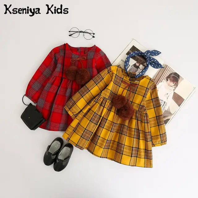Kseniya-ropa de algodón para niñas, Otoño 2017, rojo y amarillo, estilo inglés, a cuadros, piel, lazo bola, diseño, Vestido de manga larga Kseniya-ropa de algodón para niñas, Otoño 2017, rojo y amarillo, estilo inglés, a cuadros, piel, lazo bola, diseño, Vestido de manga larga
