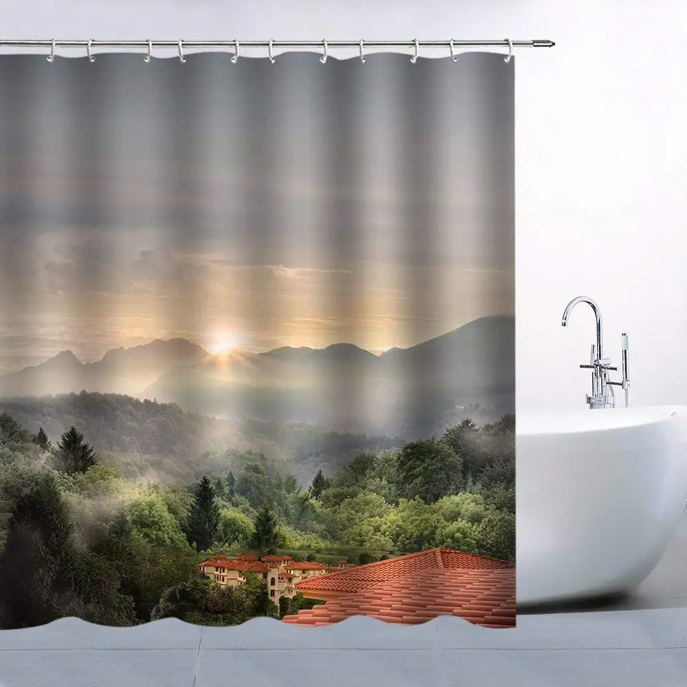 Natural Scenery Theme Shower Curtain Dawn White Sky Golden Sun Mountain