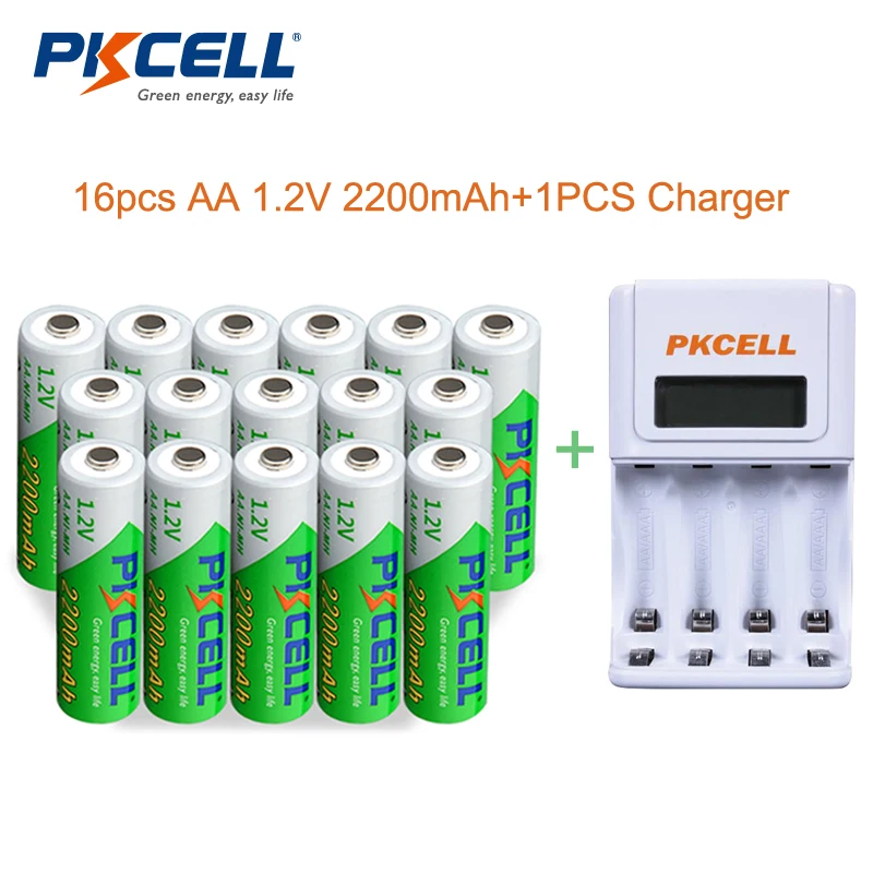 

16Pcs/lot PKCELL Battery AA Ni-MH 1.2V 2200mAh AA Rechargeable Battery Batteries +1Pcs AA/AAA Battery Charger EU/US Plug 8152