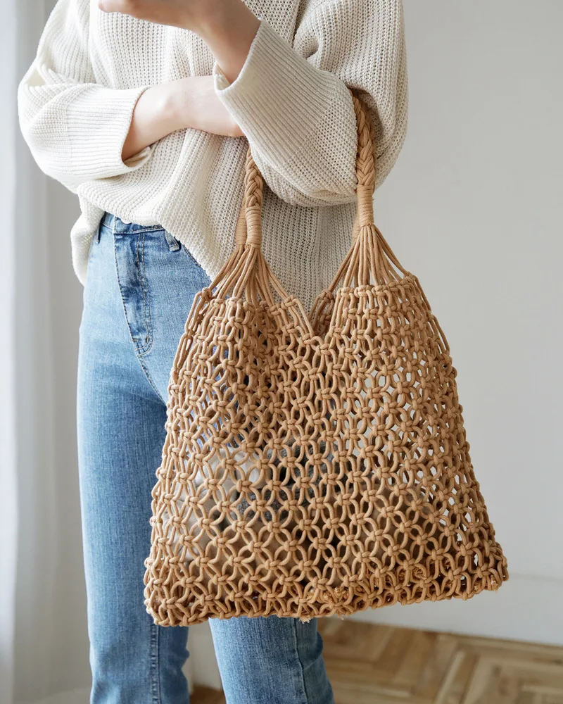 Comprar Bolso tejido Popular de moda de malla de cuerda de tejer hebilla de lazo Reticulate Hollow Straw Bag No forrado bolso de hombro de red