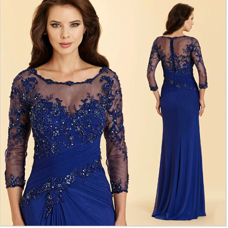 

Vintage Long Mermaid Mother Of The Bride Dresses Elegant Appliques Lace 3/4 Sleeves Chiffon Evening Gown Formal Wedding Party