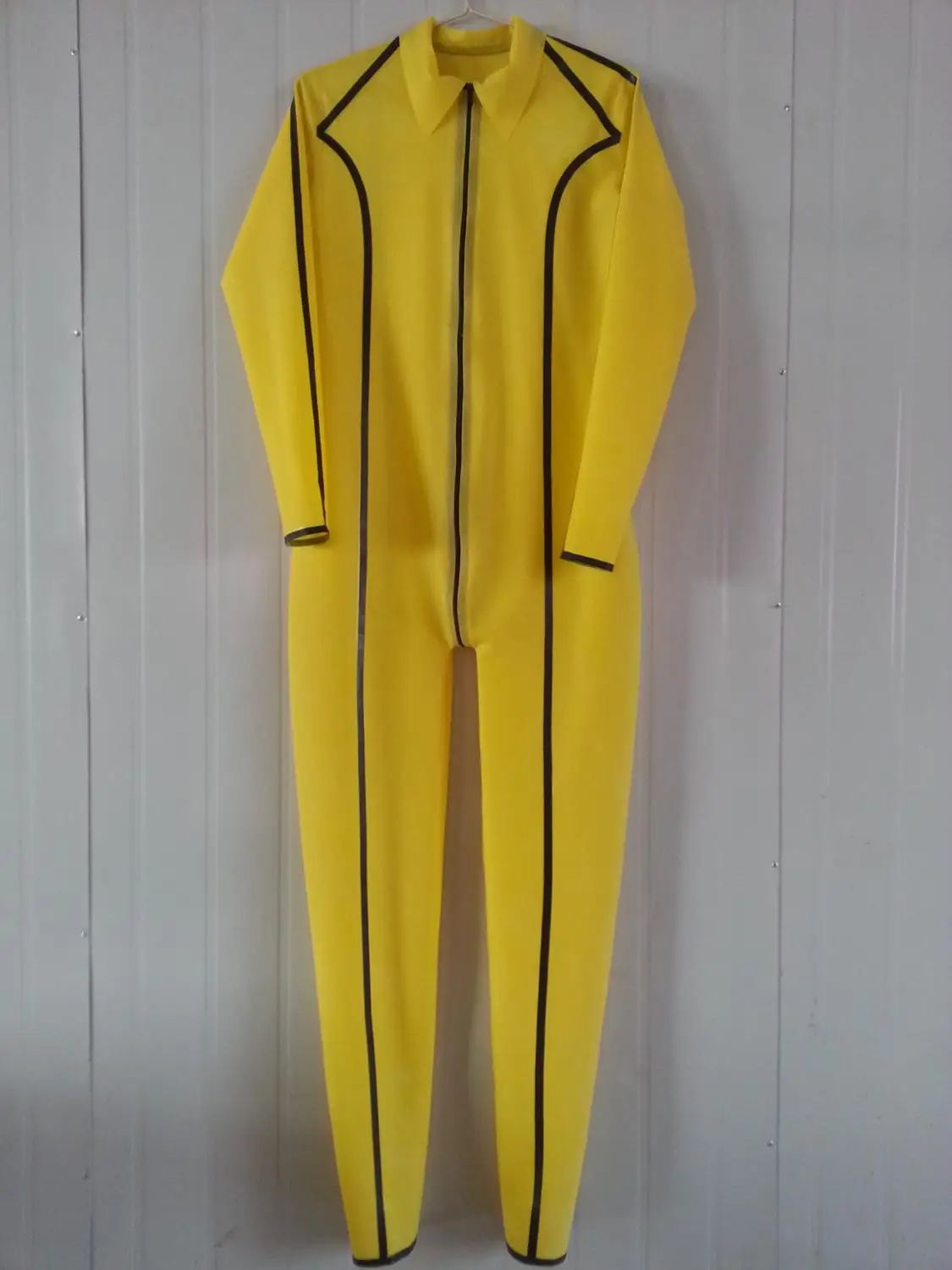 HOT SALE 100% Latex Full Cover Suit Yellow and Black Tight With Zipper Size XXS-XXL |