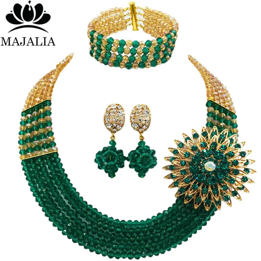 

Majalia Fashion Nigerian Wedding African Beads Jewelry Set Gold ab and Green Beads Necklace Bracelet Earrings Jewelry Set 5EQ003
