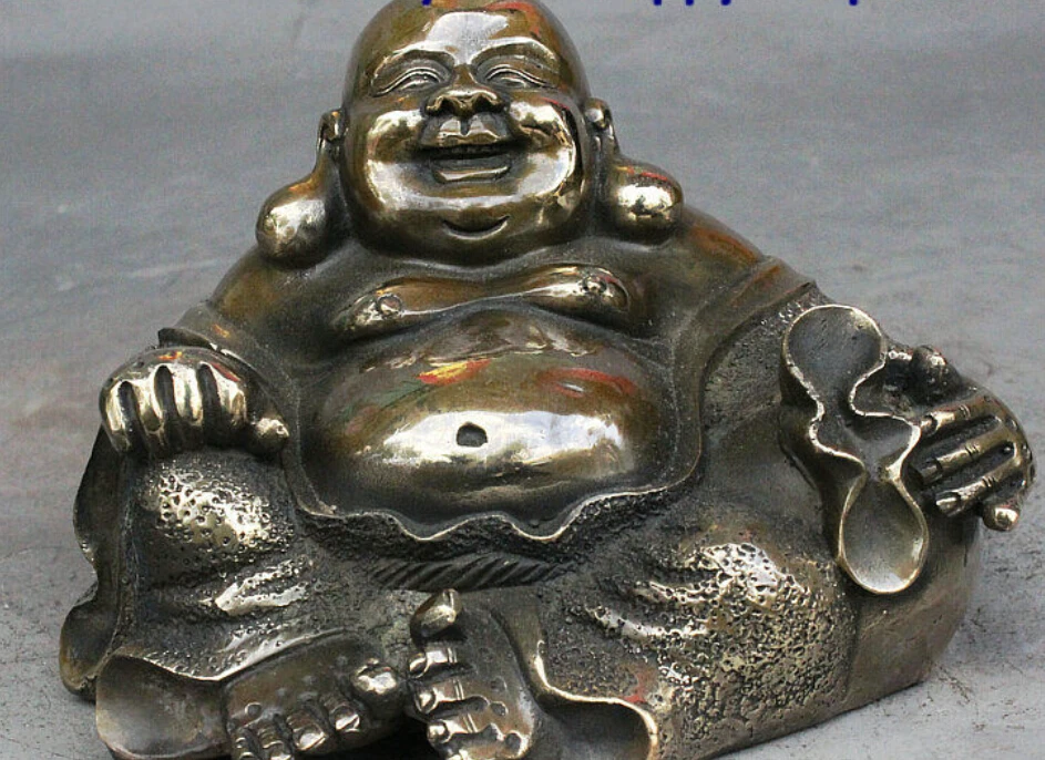 DYZ621>>>6" Old Chinese Buddhism Bronze Wealth Money Bag Laugh Maitreya