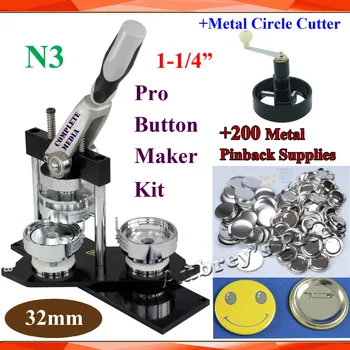 

Free Shipping Pro N3 Worldwide Class 1-1/4" 32mm Badge Button Maker Machine +Metal Circle Cutter+200 Sets Blank Metal Pinback