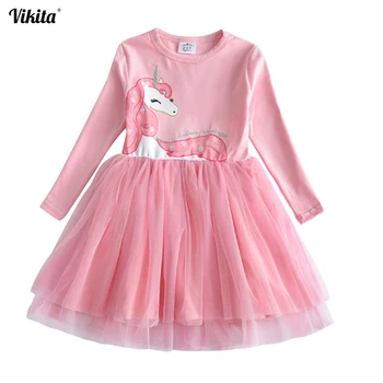 VIKITA Girls Dress Long Sleeve Kids Flower Dresses Children Unicorn Vestidos 2020 Girls Dresses Autumn Kids Dress For Girl 2