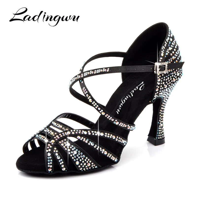 

Ladingwu Latin Dance Shoes Women New Silk satin Black Salsa Rhinestone Shoes Dance For Woman Ballroom Dancing Shoes heel 5-10cm