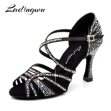 Ladingwu/туфли для латинских танцев, женская новая шелковая атласная черная обувь для сальсы со стразами, танцевальная Женская Обувь для бальных танцев, Каблук 5-10 см