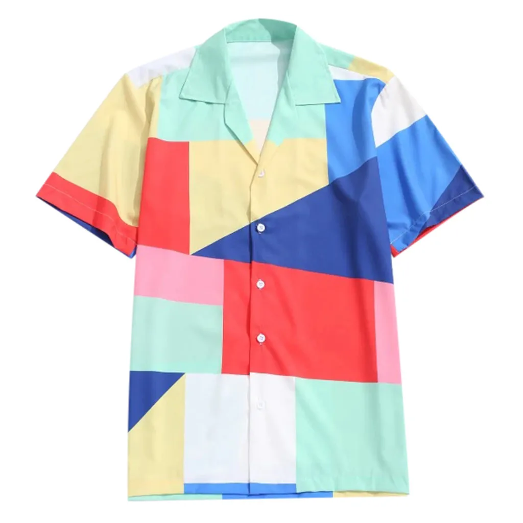 Мужская гавайская рубашка мужская с геометрическим принтом отложной воротник короткий рукав свободные рубашки хауты для мужчин плюс
