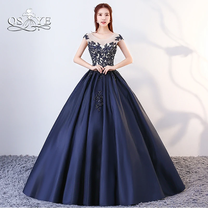 

QSYYE 2018 Navy Blue Long Prom Dresses Formal Evening Dress Ball Gown Lace Satin Floor Length Vintage Party Gown Custom