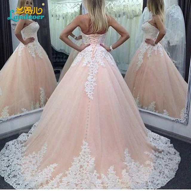 nueva novia princesa rosa apliques de encaje largo vestido de bola