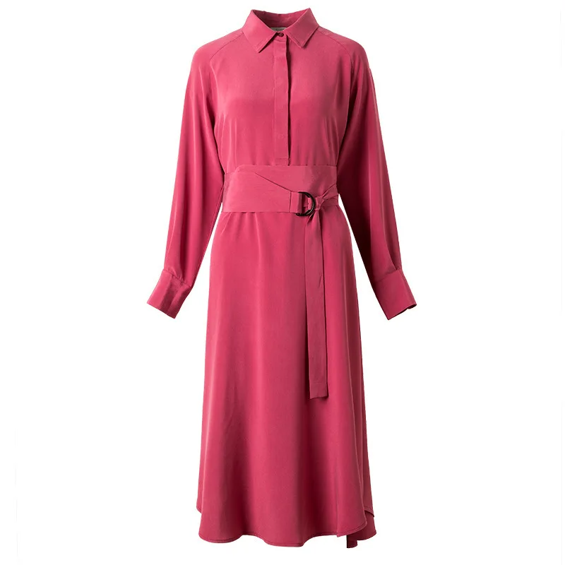 

2019 Spring High End Women's Clothing 100% Real Silk Dress Turn Down Collar Single Breasted Dresses with Belt Office Lady Dress