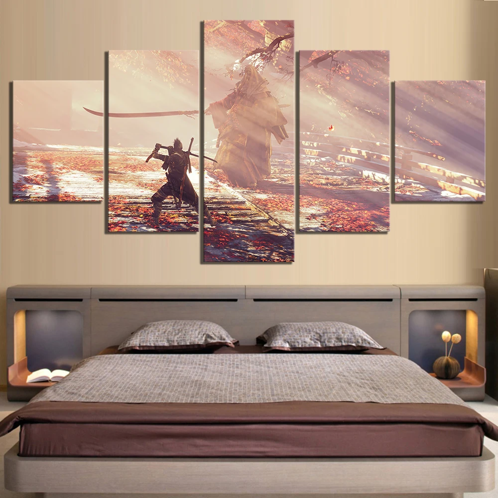 

5 Piece HD Ninja Picture Painting Wolf Sekiro Shadows Die Twice Video Game Poster Wall Sticker Canvas Paintings for Wall Decor