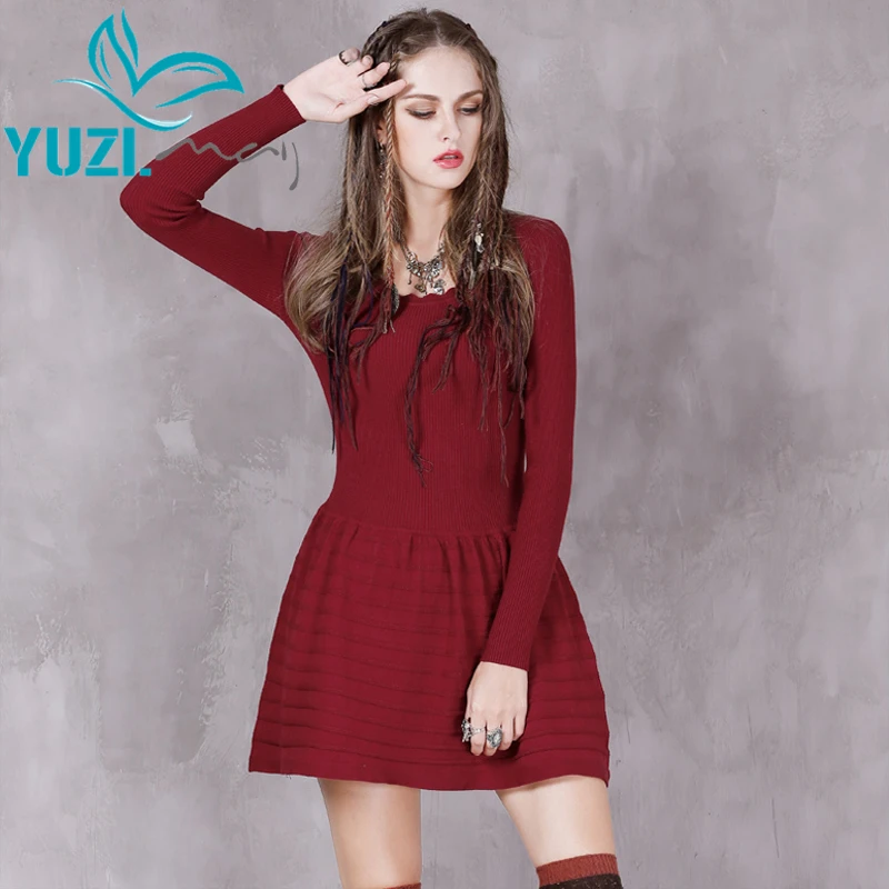 

Autumn Dress 2017 Yuzi.may Boho New Cotton Vestidos O-Neck Long Sleeve A-Line Jacquard Knitting Dresses A8178 Vestido Feminino