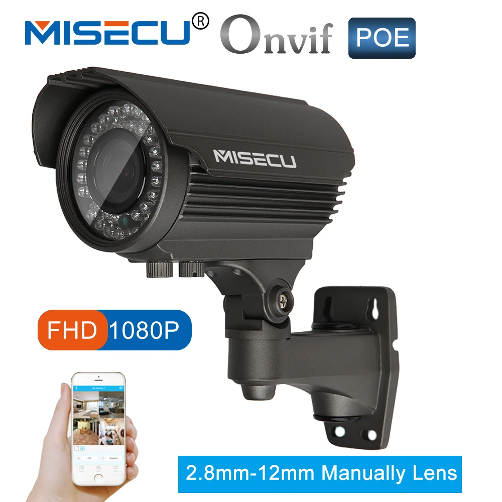 

MISECU Full HD 2.0MP 1080P 2.8-12mm Manual Zoom Camera 25fps IP Power Over Ethernet Outdoor Night Vision ONVIF IR Waterproof P2P
