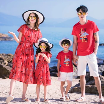 

iairay mother daughter father son matching clothes kids dresses for girls cute summer holiday dress women red chiffon long dress