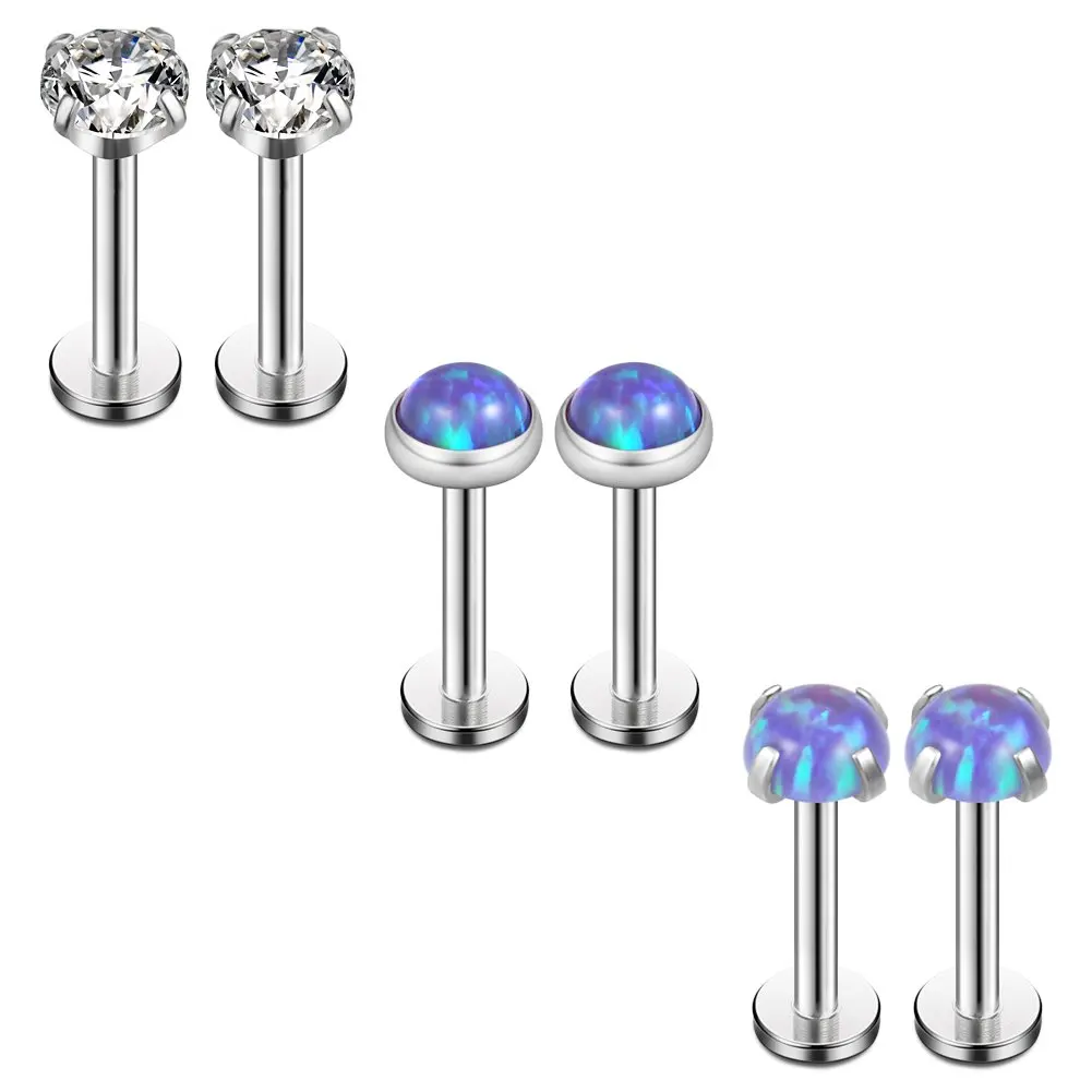 

Opal & Clear CZ Internally Threaded Stainless Steel Labret Monroe Lip Ring Tragus Helix Earring Stud 16G 1/4 6mm 6PCS