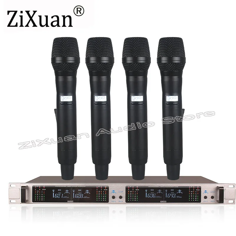 المهنية 4-قناة نظام مكبر صوت لا سلكي ذو تردد فوق العالي UHF الديناميكي 4 يده مؤتمر Lavalier سماعات ميكروفون نظام