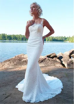 

Long White Mermaid Wedding Dress Lace Appliques Illusion Back 2019 Muslim Arabic Boho Sofuge Vestido De Noiva