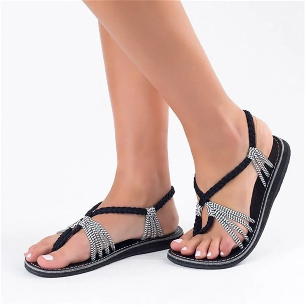 

Summer Beach Sandals Shoes Woman Casual Flat Slippers Sandals Bow Knot Woven Open Toe Lazy Slip on White Beach Shoes Plus Size