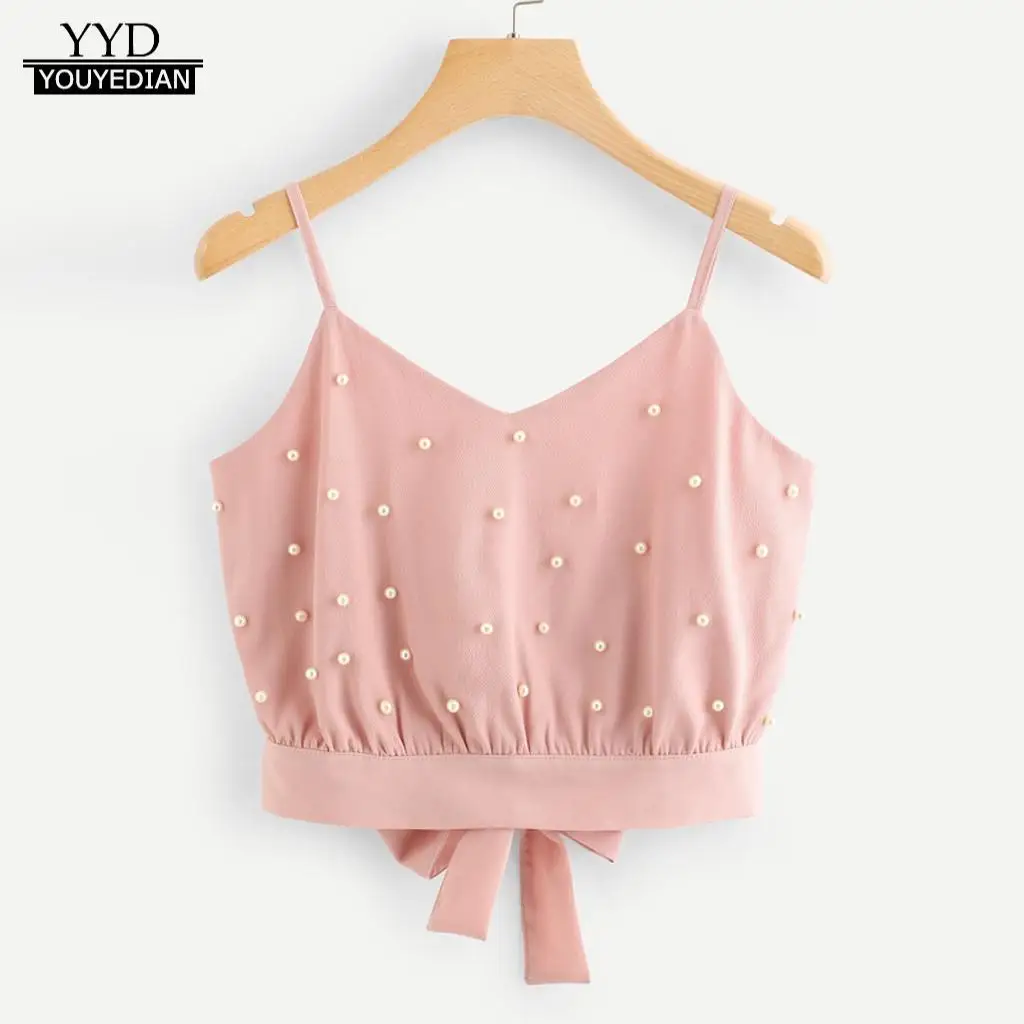 

Crop Top Ladies Fashion Womens Vest Chiffon Camisole Sleeveless Tops Solid Pearl Beading Camis Summer 2019 New cropped feminino