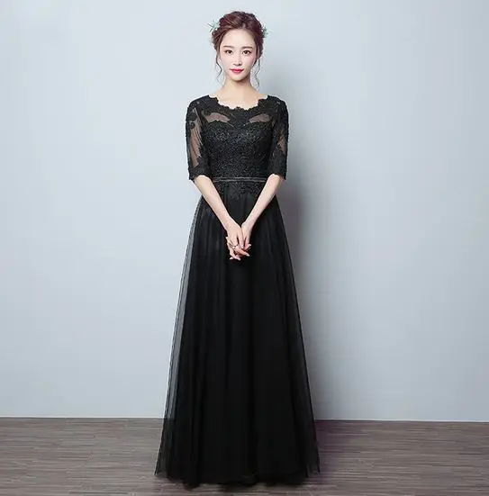 Vestido boda mujer invitada тюль с аппликацией с коротким рукавом Алина Королевское, голубое, розовое красные длинные платья подружек невесты платье для вечеринки - Цвет: Черный