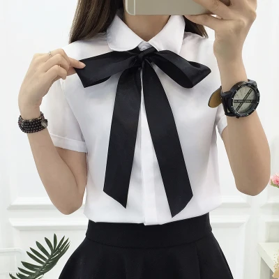  Cheap 2019 Fashion female elegant bow tie white blouses Chiffon turn down collar shirt Ladies tops 