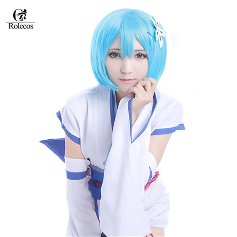 

Rolecos Re:Life in a different world from zero Rem Ram Cosplay Costumes Blue Pink Lolita Kimono Suit +Socks+Headwear